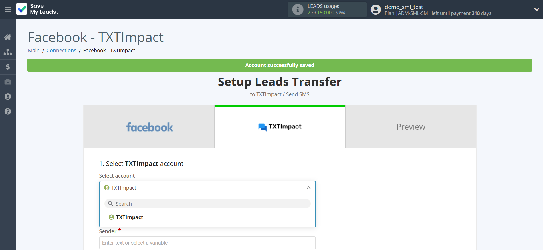 How to Connect Facebook with TXTImpact | Data Destination account selection