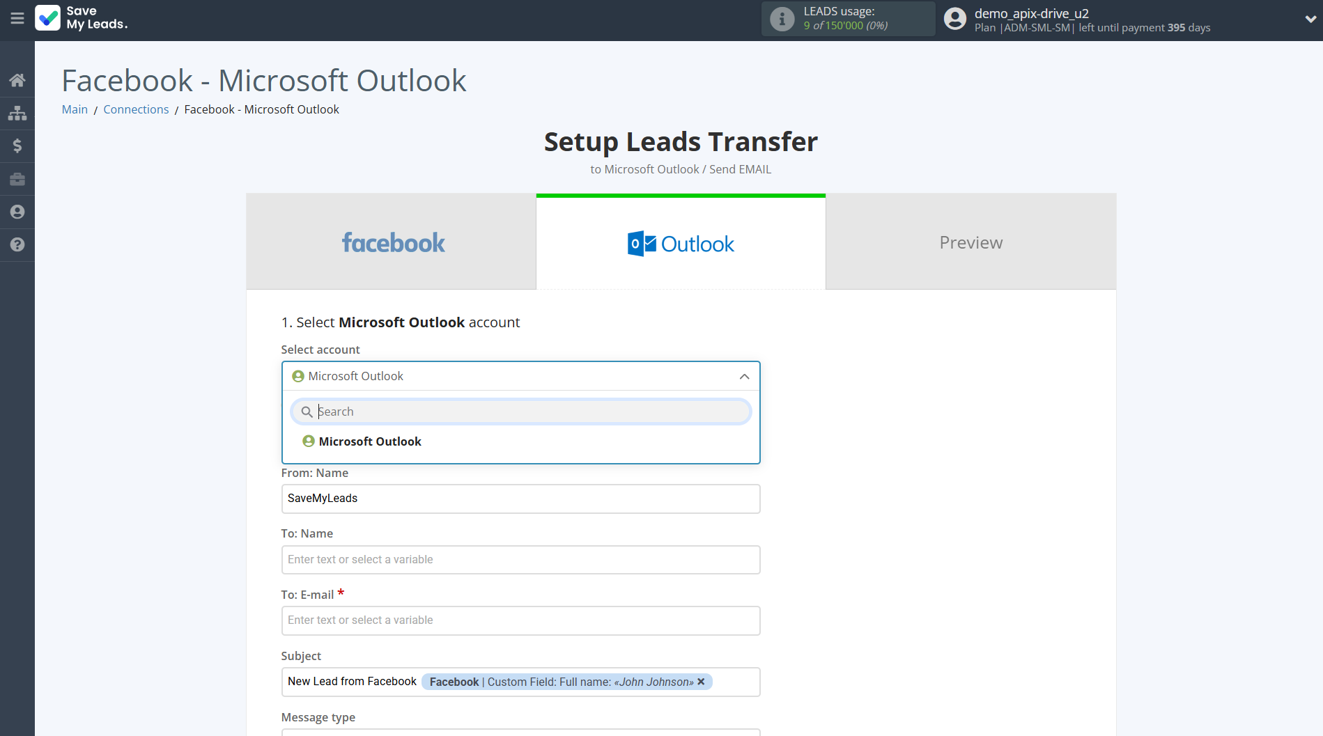 How to Connect Facebook with Microsoft Outlook | Data Destination account selection