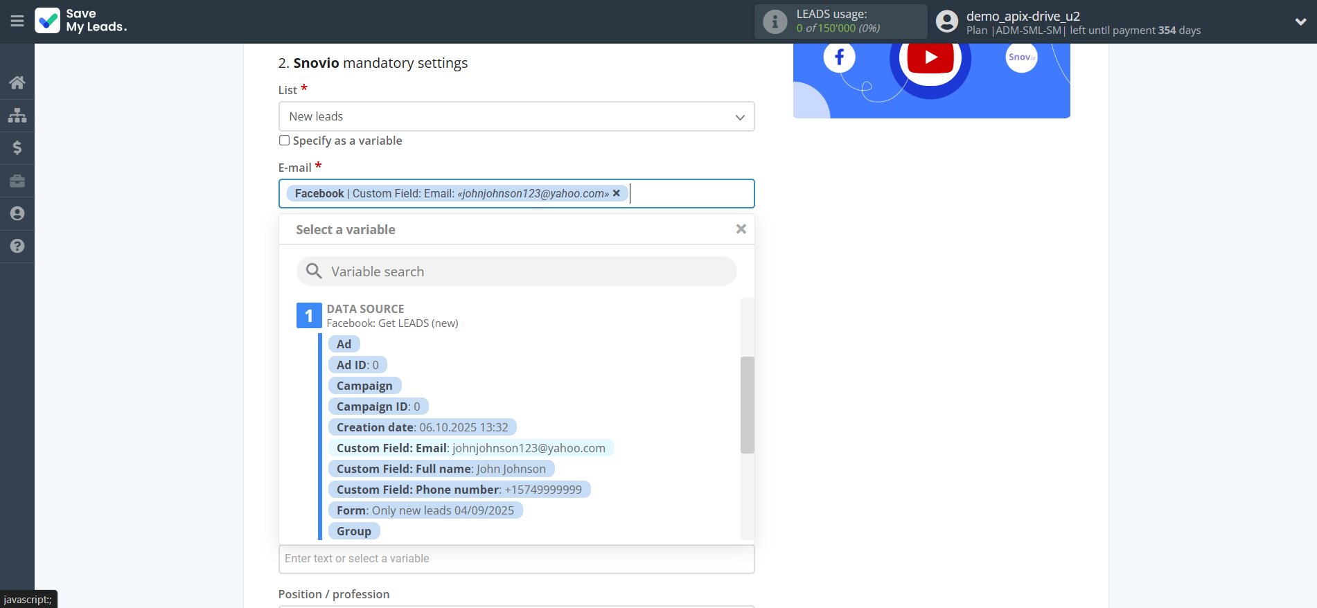 How to Connect Facebook with Snovio Add Contacts | Assigning fields