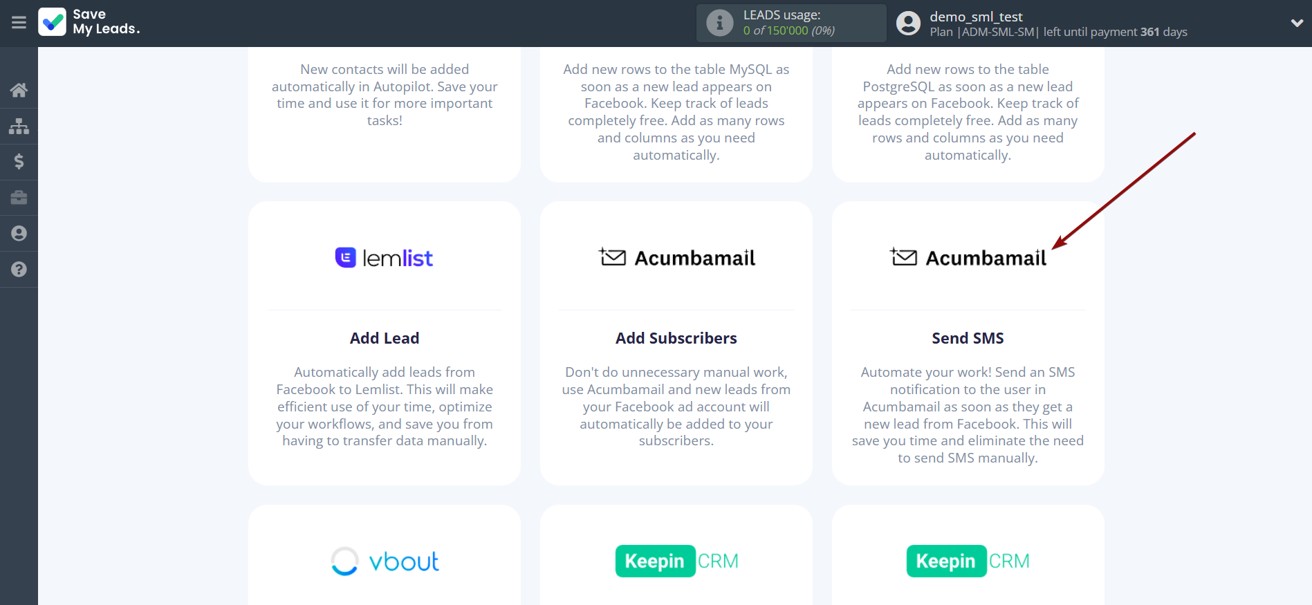 How to Connect Facebook with Acumbamail Send SMS | Data Destination system selection How to Connect Facebook with Acumbamail Send SMS | Data Destination system selection