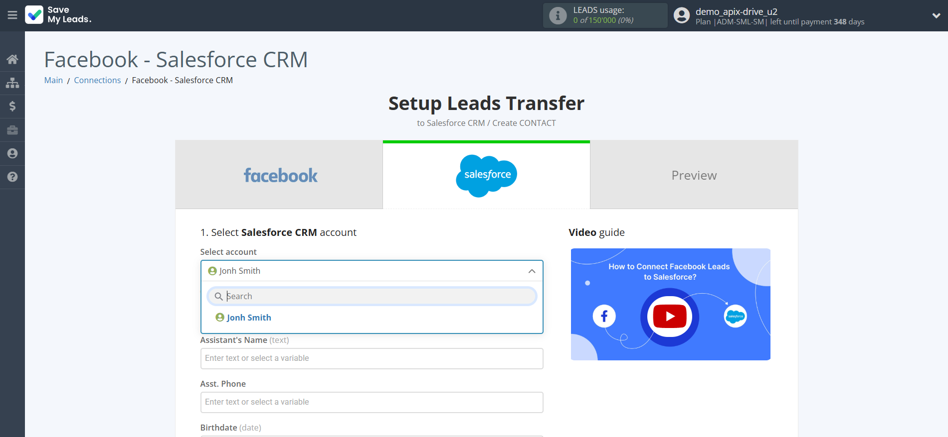 How to Connect Facebook with Salesforce CRM Create Contacts | Data Destination account selection How to Connect Facebook with Salesforce CRM Create Contacts | Data Destination account selection
