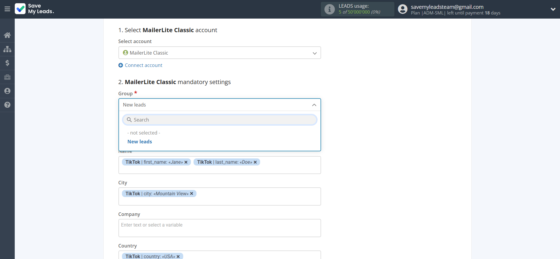 How to Connect TikTok with MailerLite Classic | Assigning fields How to Connect TikTok with MailerLite Classic | Assigning fields