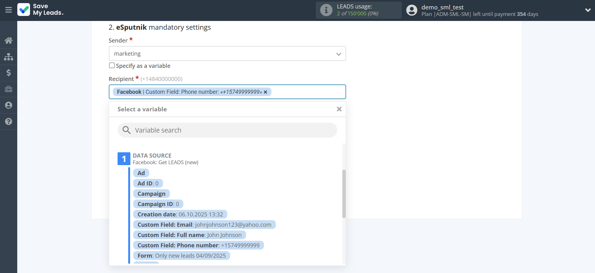 How to Connect Facebook with eSputnik Send SMS | Assigning fields