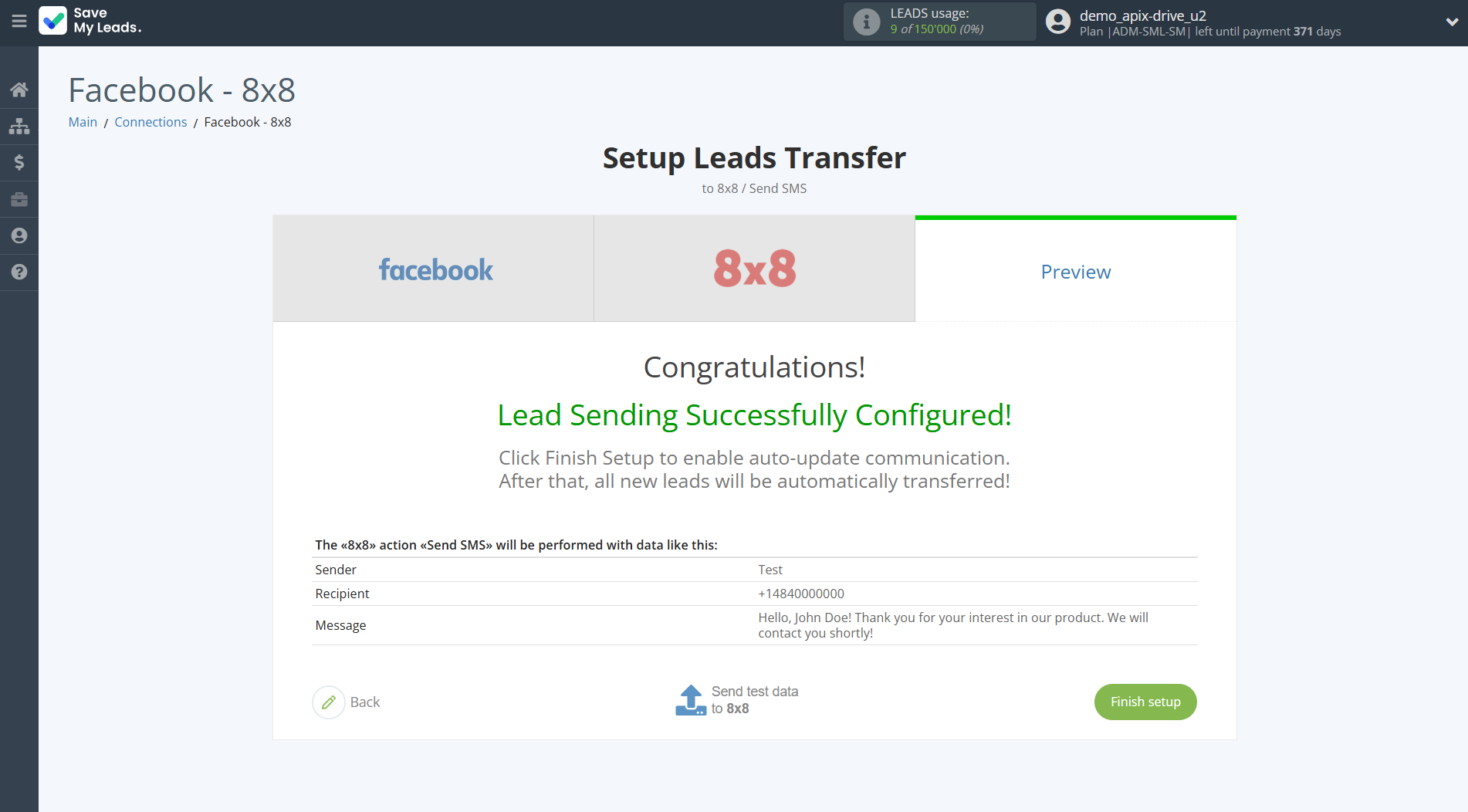 How to Connect Facebook with 8x8 | Test data