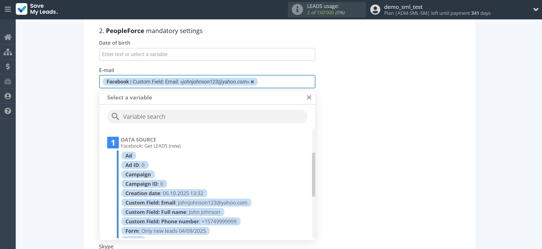 How to Connect Facebook with PeopleForce Add Candidate | Assigning fields