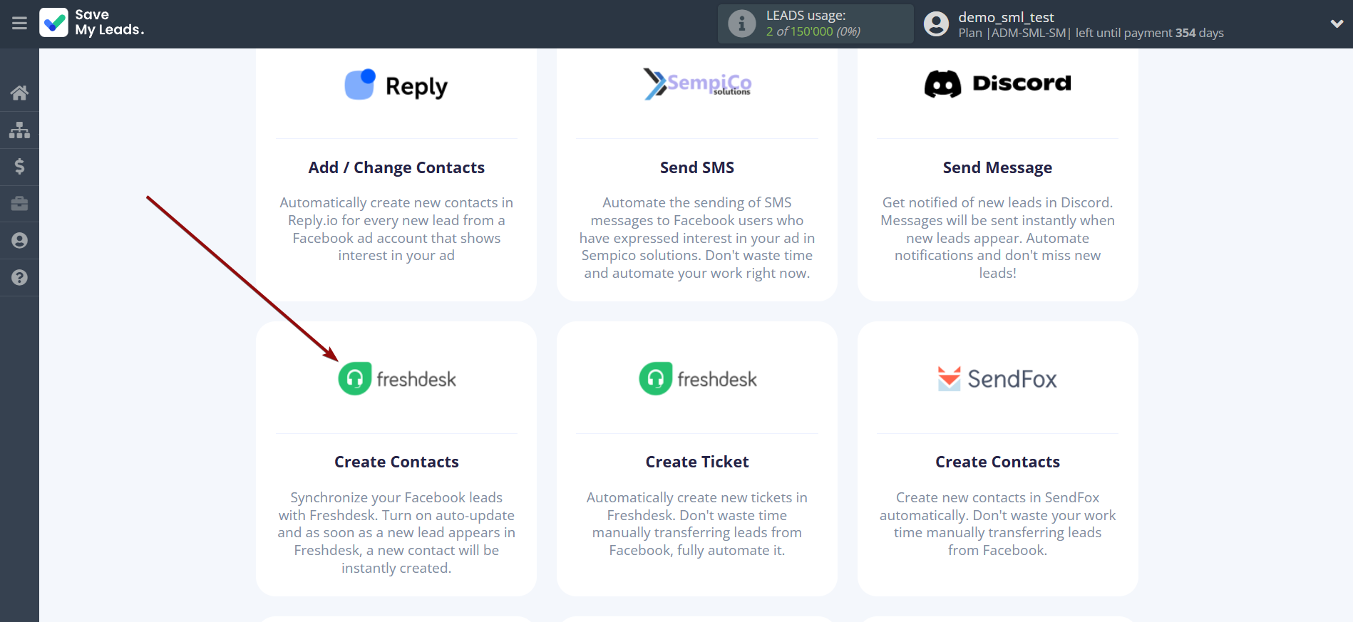 How to Connect Facebook with Freshdesk Create Contacts | Data Destination system selection