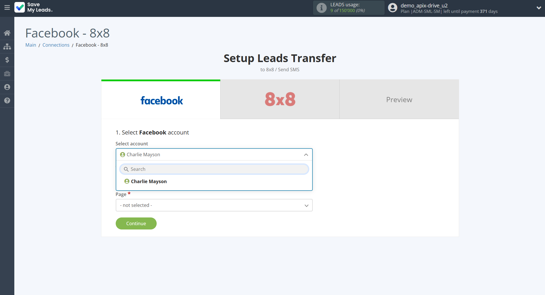 How to Connect Facebook with 8x8 | Data Source account selection