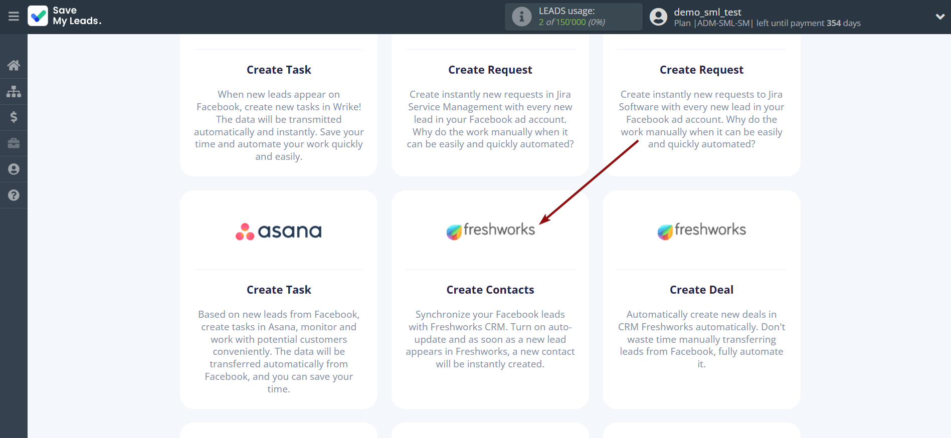 How to Connect Facebook with Freshworks Create Contacts | Data Destination system selection