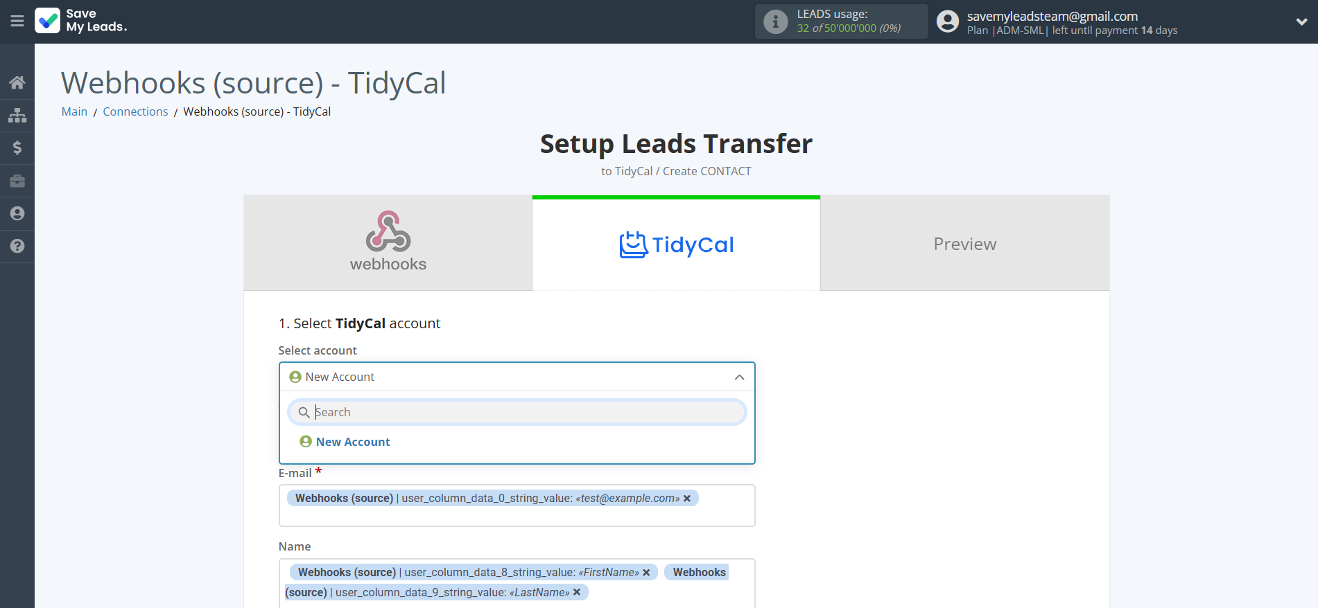 How to Connect Webhooks with TidyCal Create Contacts | Data Destination account selection