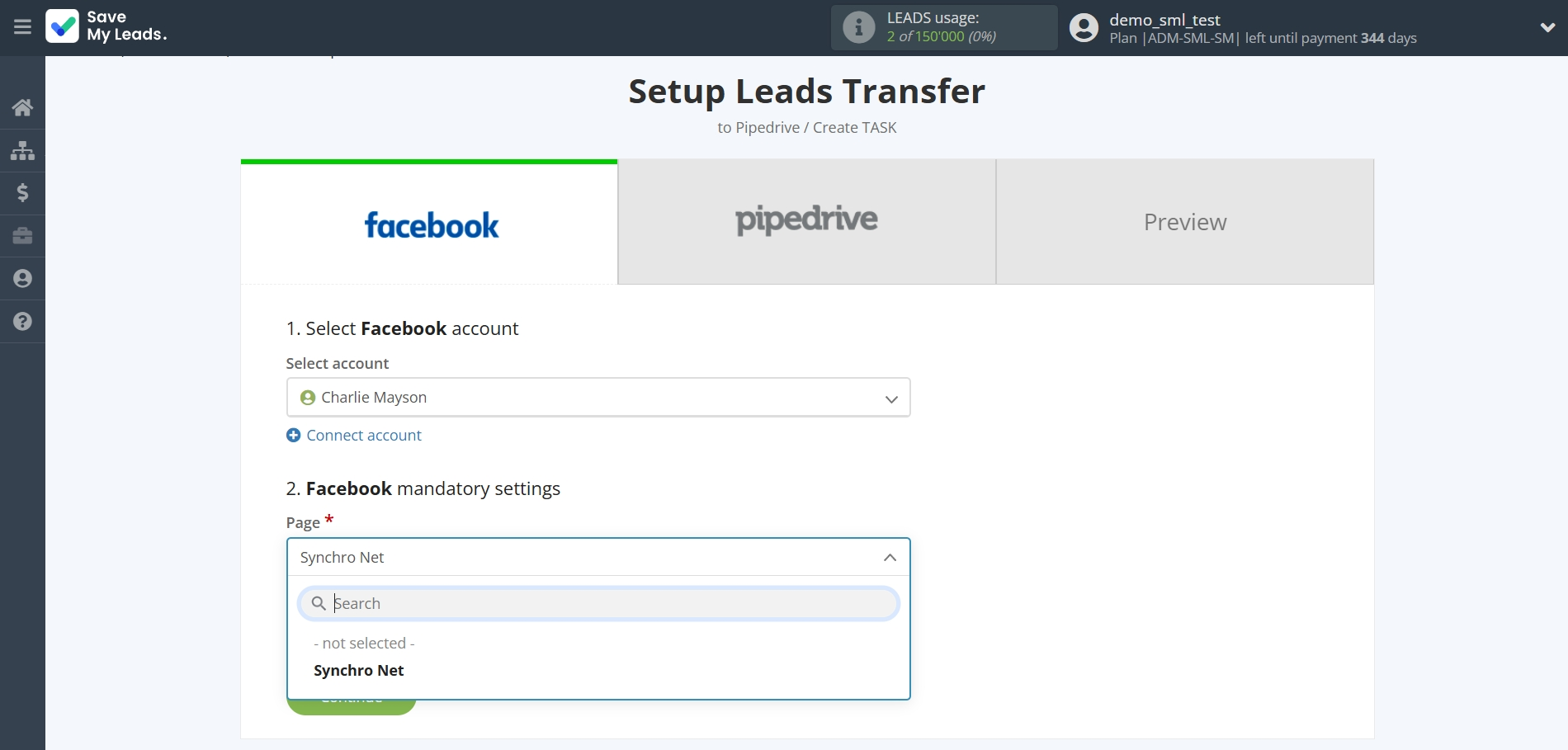 How to Connect Facebook with Pipedrive Create Task | Data Source account connection