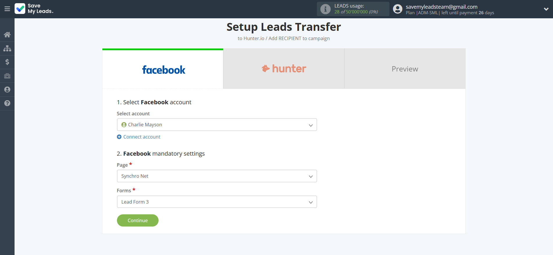 How to Connect Facebook with Hunter.io | Data Source account connection