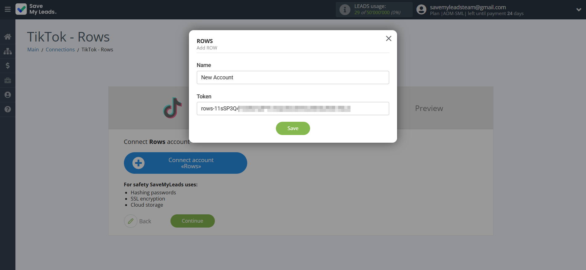 How to Connect TikTok with Rows Add Row | Data Destination account connection
