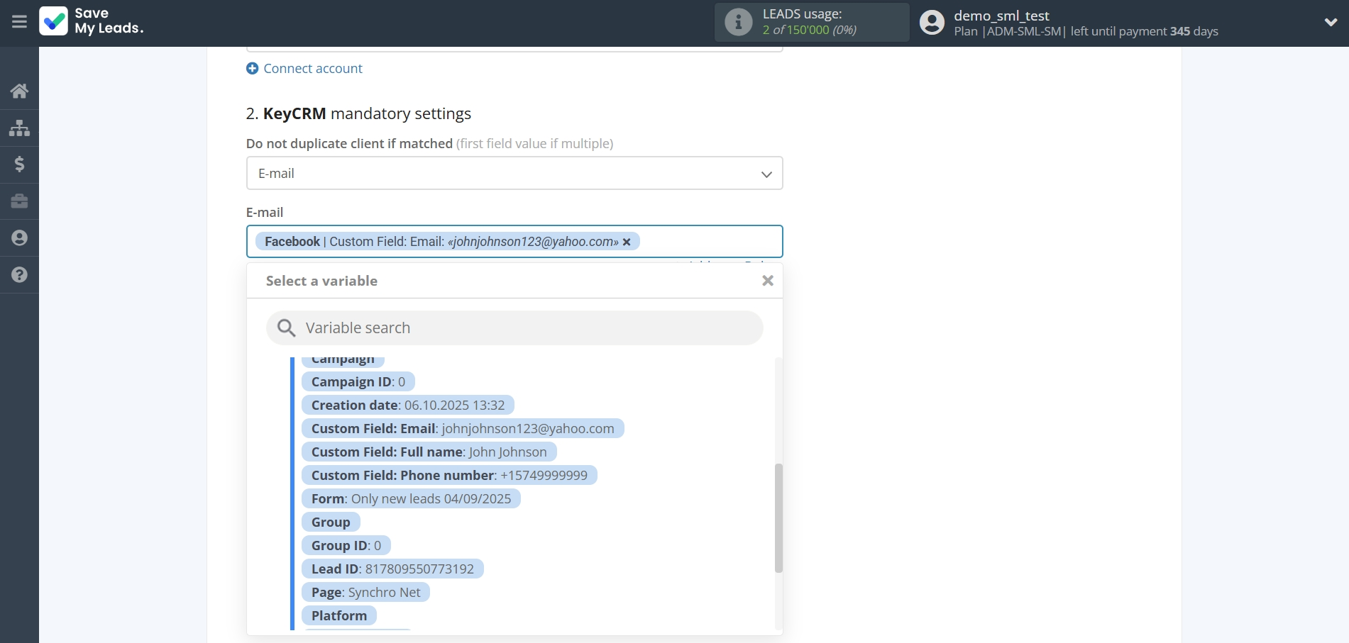 How to Connect Facebook with KeyCRM Create Customer | Assigning fields