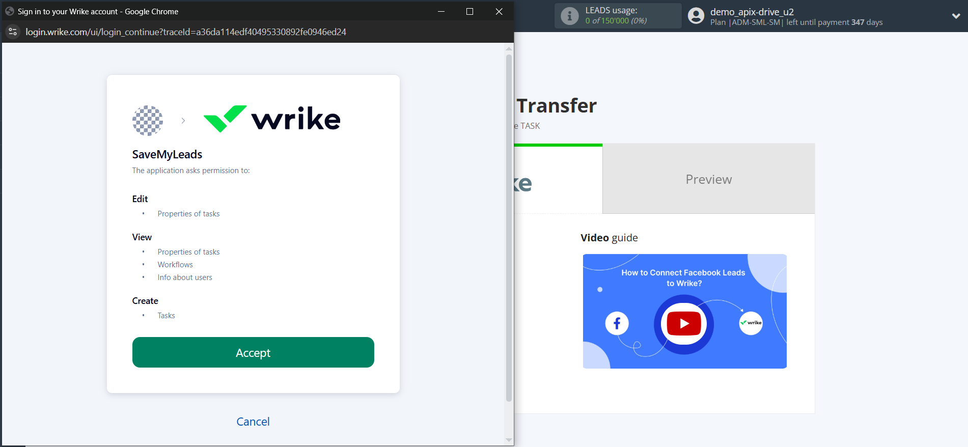 How to Connect Facebook with Wrike | Data Destination account connection