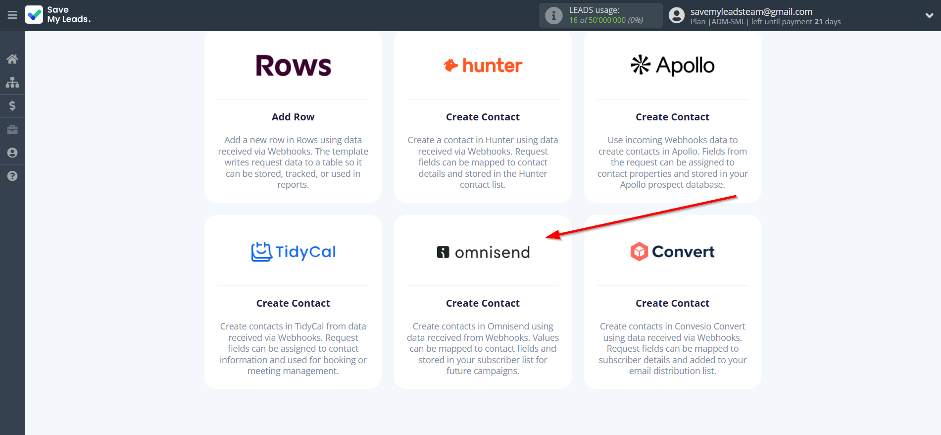 How to Connect Webhooks with Omnisend Create Contacts | Data Destination system selection