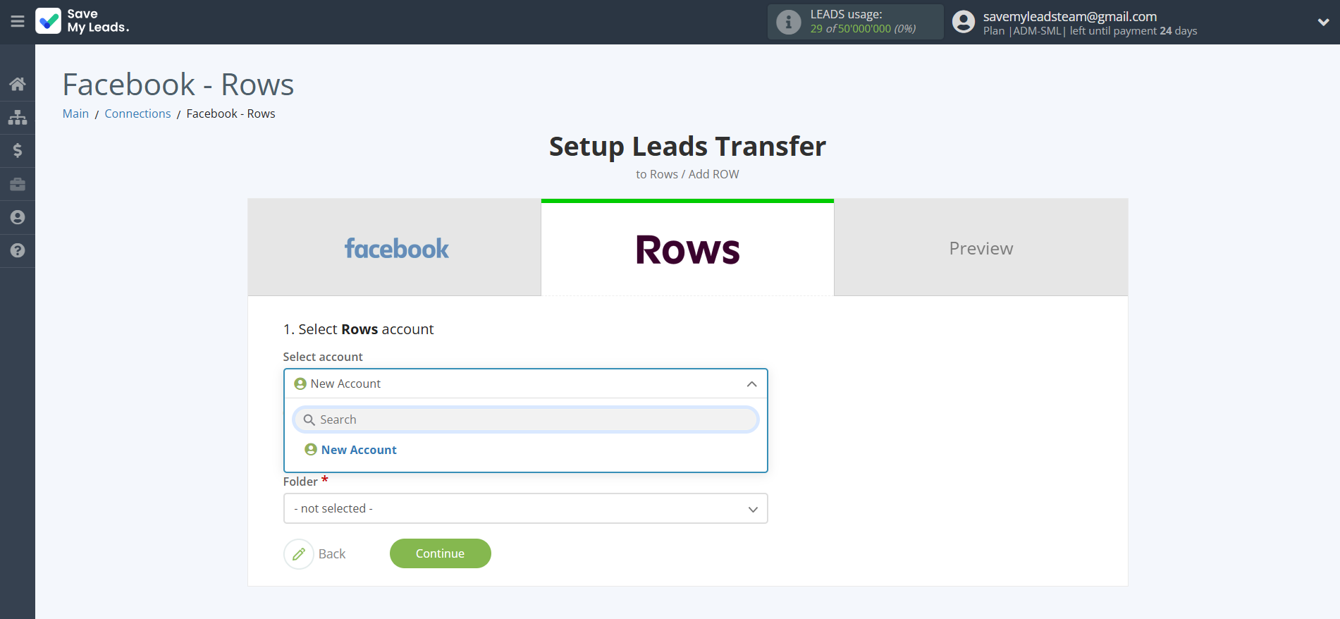 How to Connect Facebook with Rows Add Row | Data Destination account selection