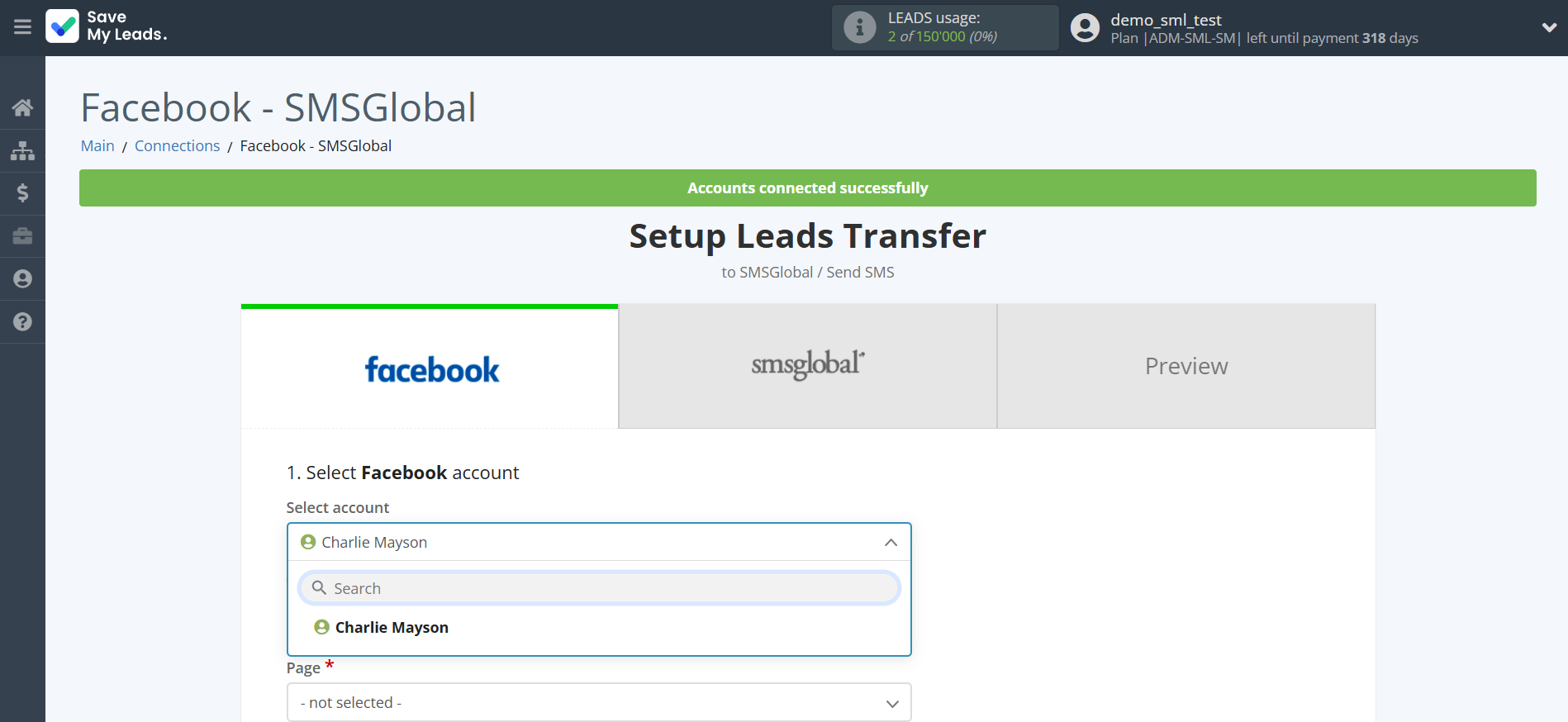 How to Connect Facebook with SMSGlobal | Data Source account selection