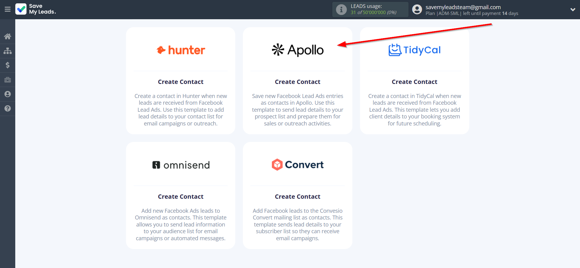 How to Connect Facebook with Apollo.io Create Contacts | Data Destination system selection