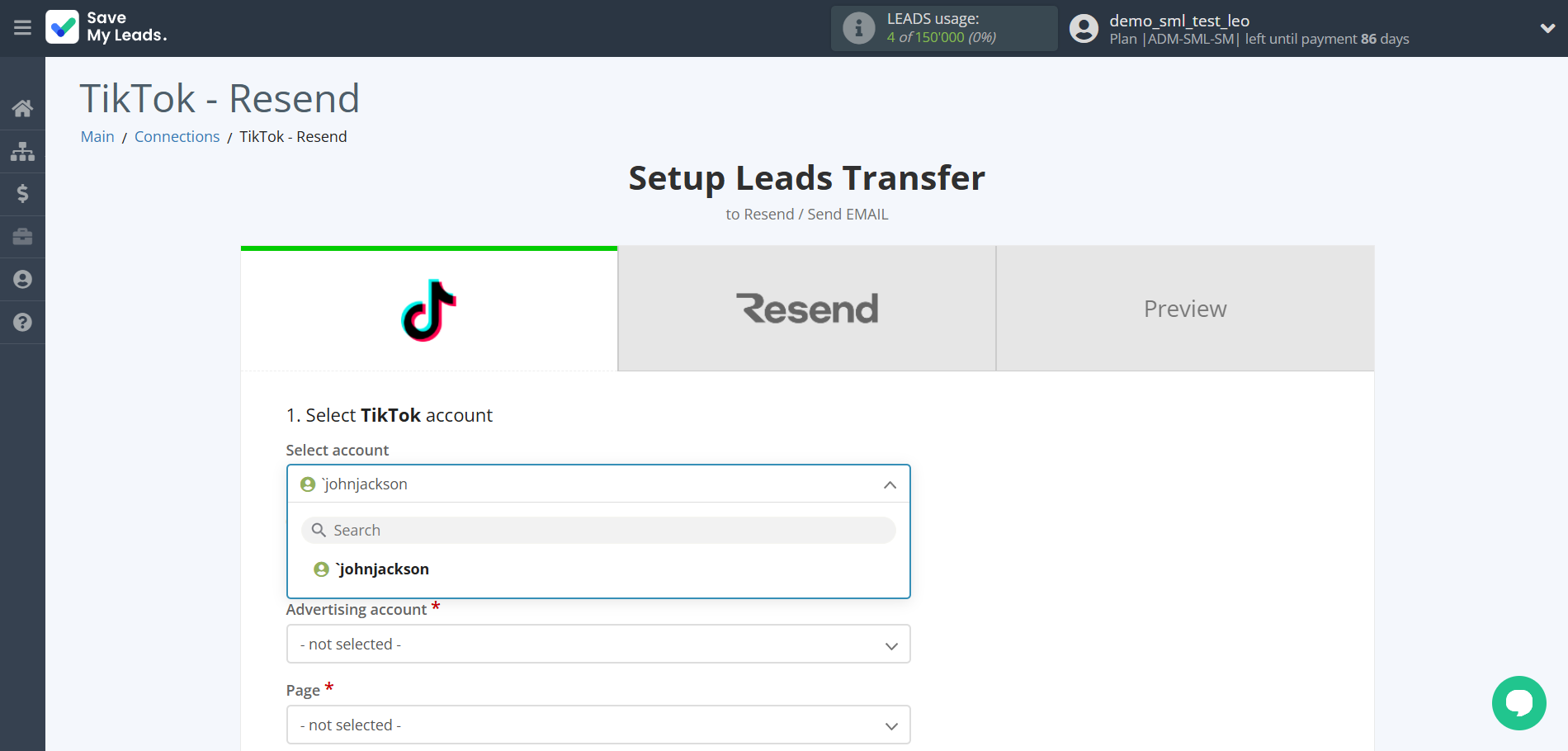 How to Connect TikTok with Resend | Data Source account selection