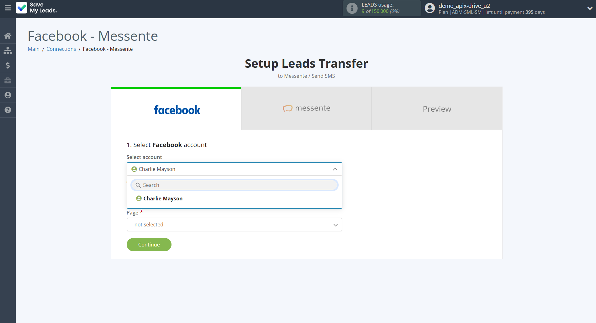 How to Connect Facebook with Messente | Data Source account selection
