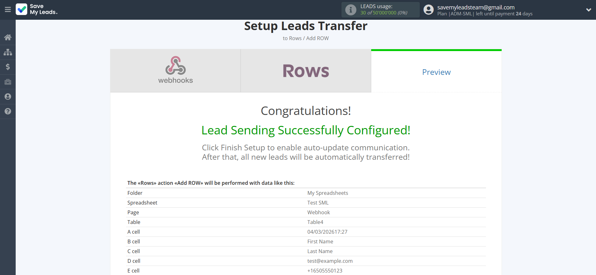 How to Connect Webhooks with Rows Add Row | Test data