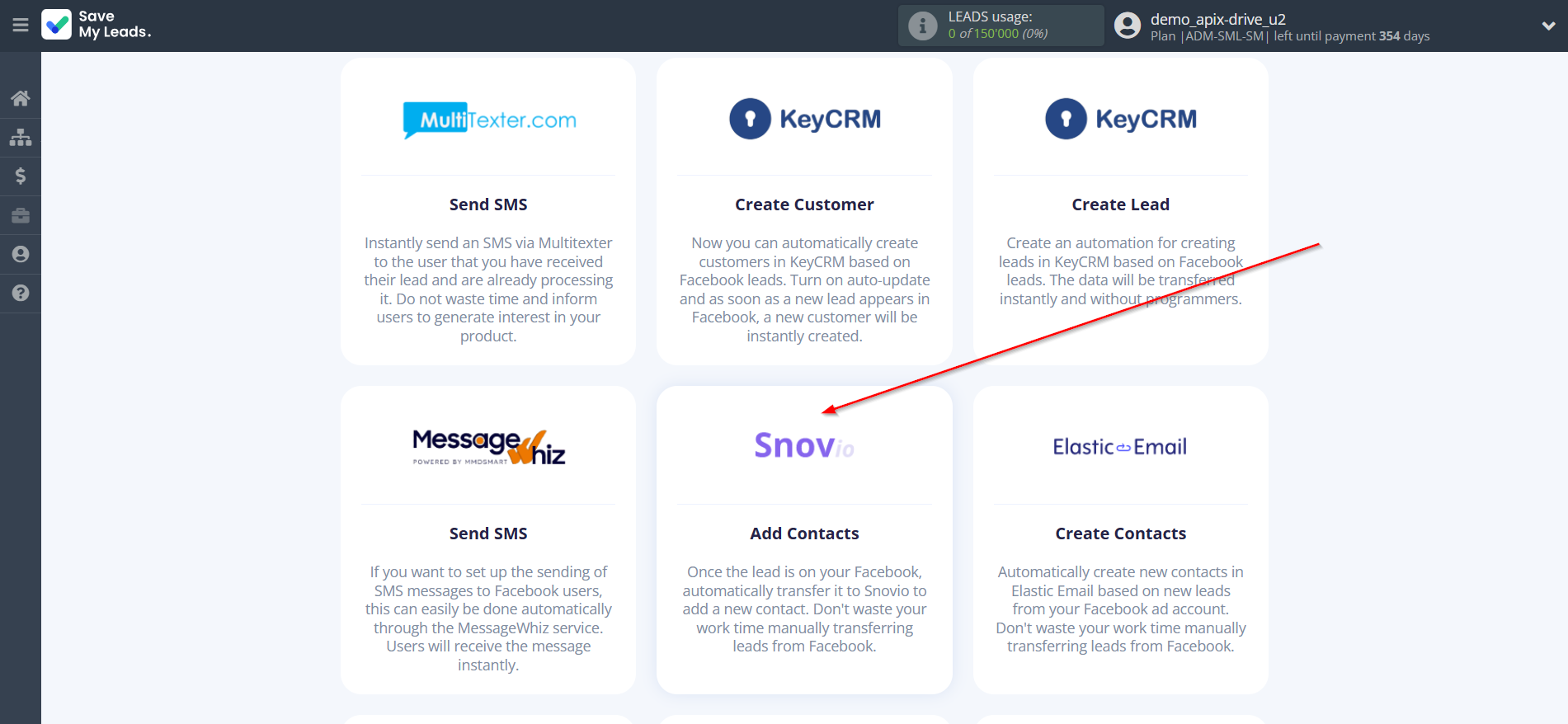 How to Connect Facebook with Snovio Add Contacts | Data Destination system selection