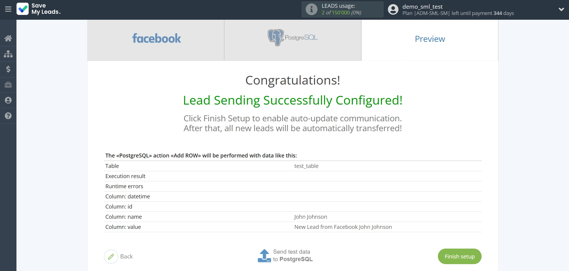 How to Connect Facebook with PostgreSQL | Test data
