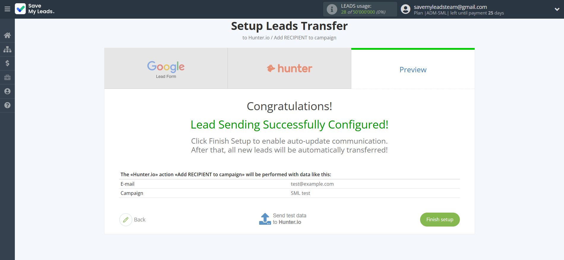 How to Connect Google Lead Form with Hunter.io | Test data