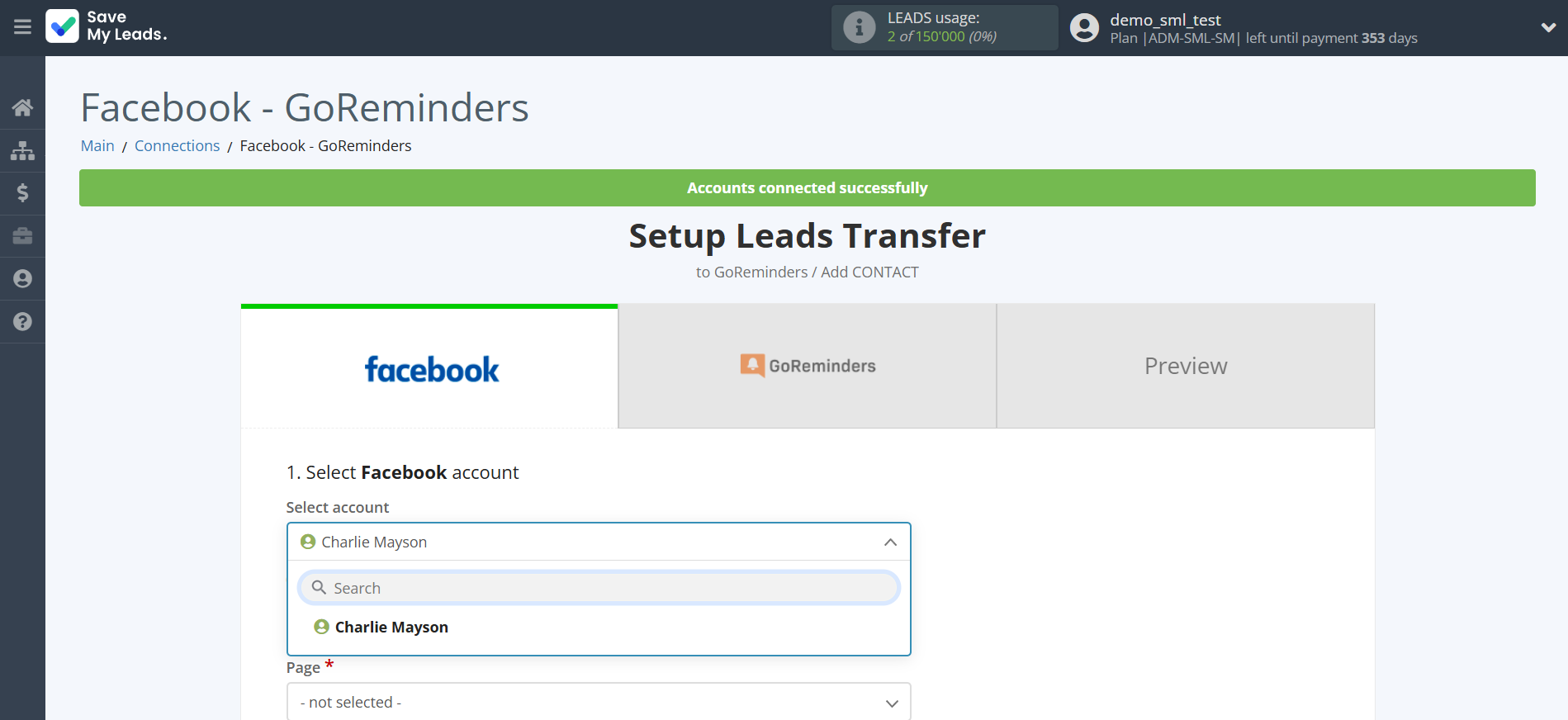 How to Connect Facebook with GoReminders | Data Source account selection