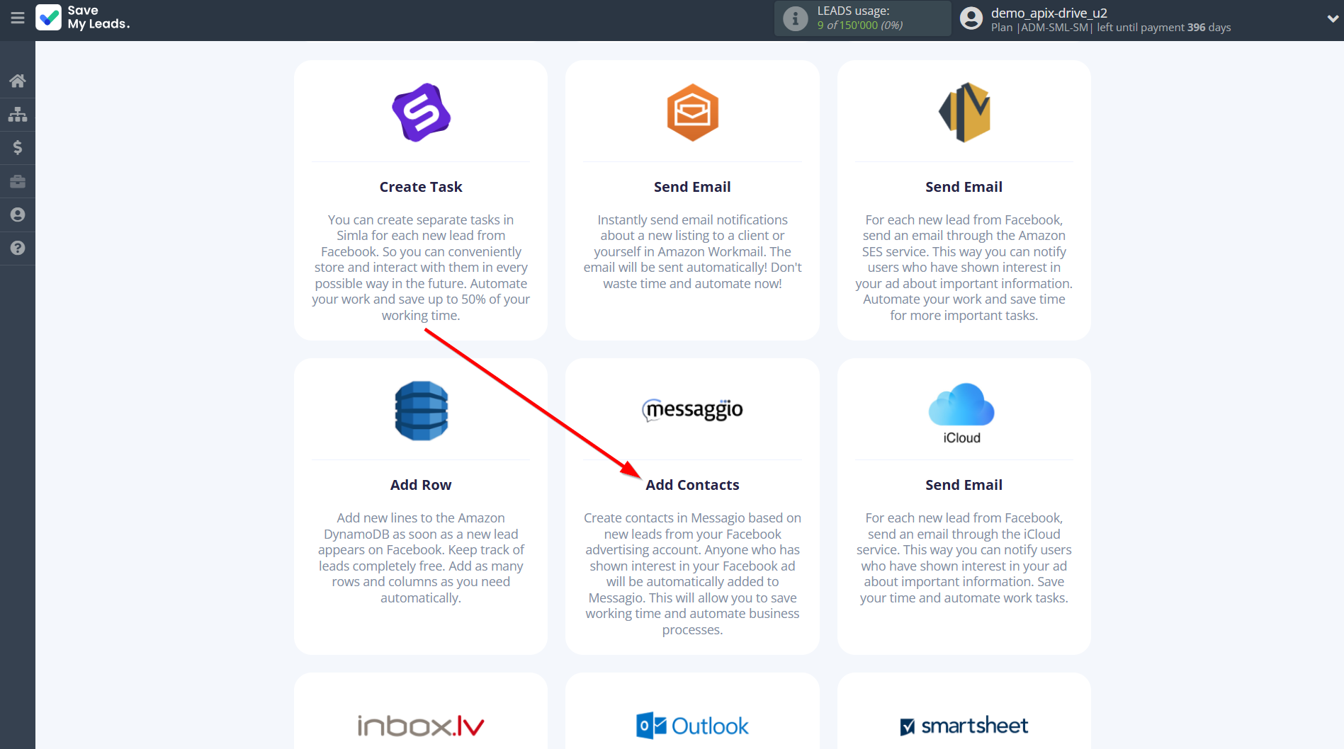 How to Connect Facebook with Messaggio | Data Destination system selection