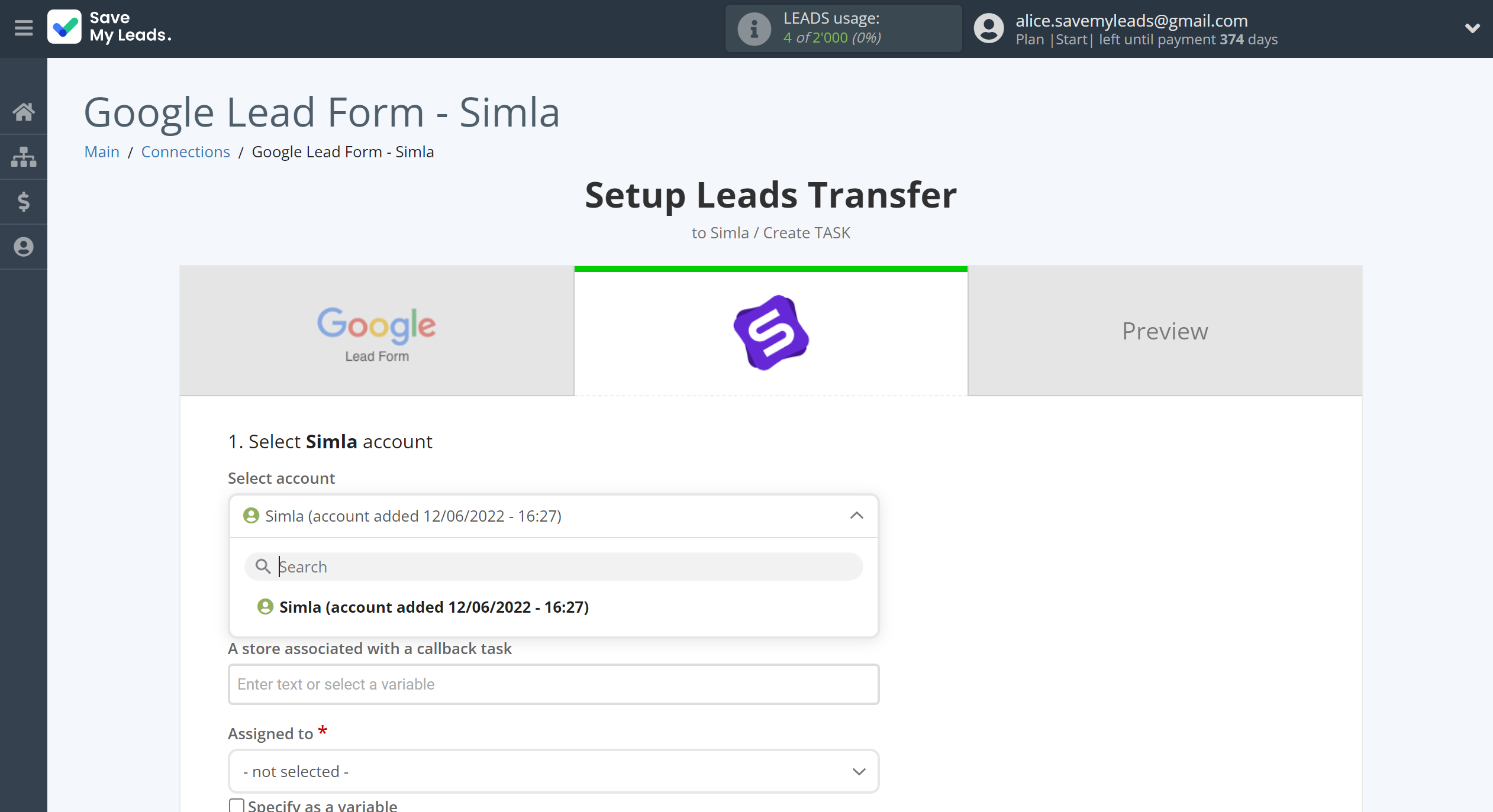 How to Connect Google Lead Form with Simla Create Task | Data Destination account selection How to Connect Google Lead Form with Simla Create Task | Data Destination account selection