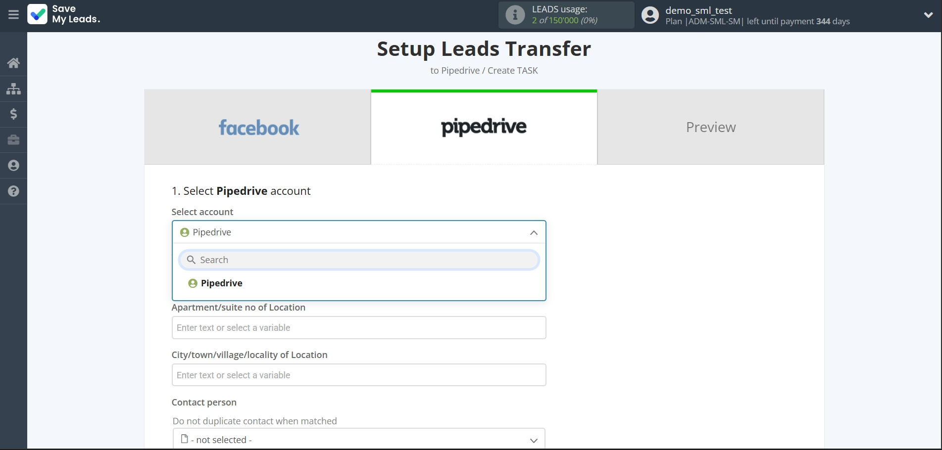 How to Connect Facebook with Pipedrive Create Task | Data Destination account selection