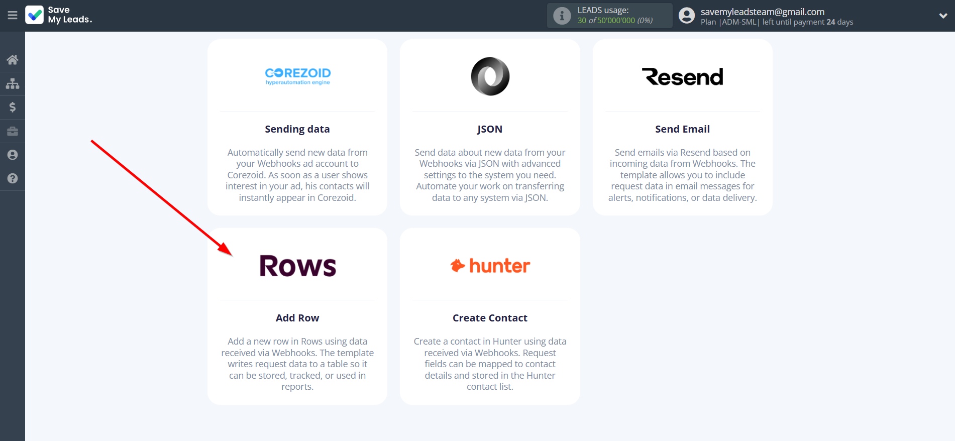 How to Connect Webhooks with Rows Add Row | Data Destination system selection