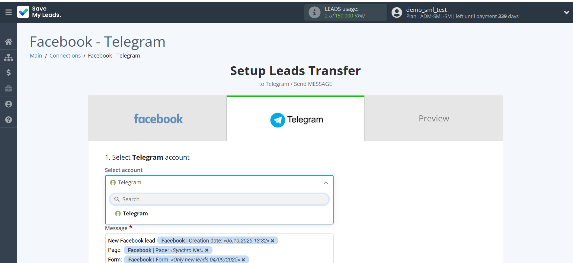 How to Connect Facebook with Telegram | Data Destination account selection