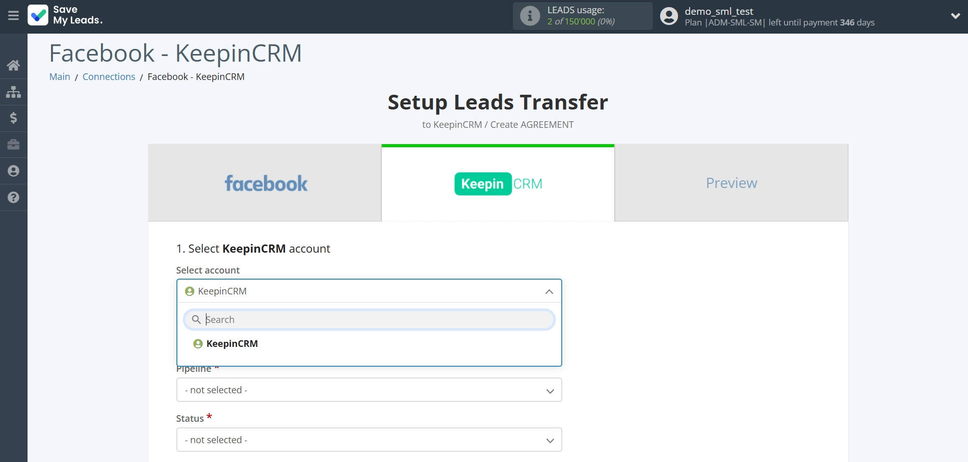 How to Connect Facebook with KeepinCRM Create Agreement | Data Destination account selection How to Connect Facebook with KeepinCRM Create Agreement | Data Destination account selection