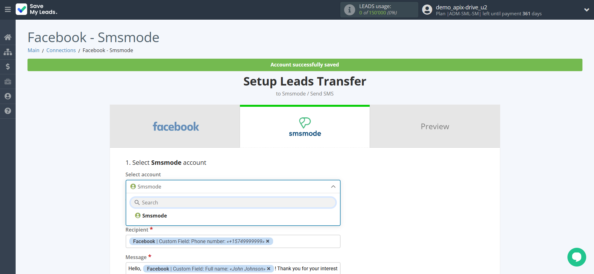How to Connect Facebook with Smsmode | Data Destination account selection How to Connect Facebook with Smsmode | Data Destination account selection