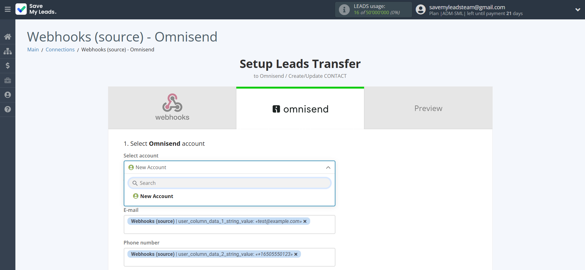 How to Connect Webhooks with Omnisend Create Contacts | Data Destination account selection