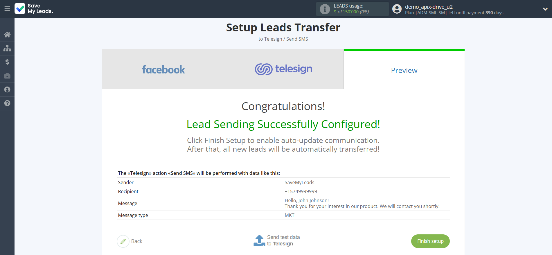 How to Connect Facebook with Telesign | Test data
