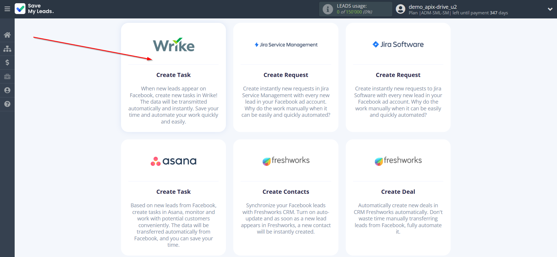 How to Connect Facebook with Wrike | Data Destination system selection