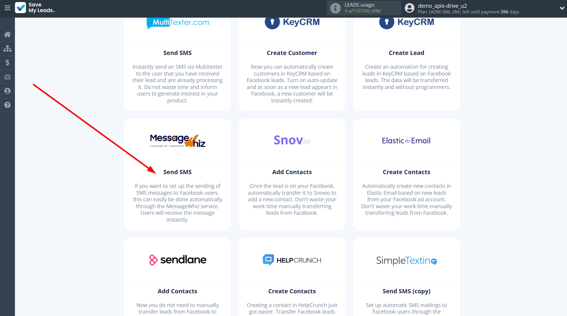 How to Connect Facebook with MessageWhiz | Data Destination system selection