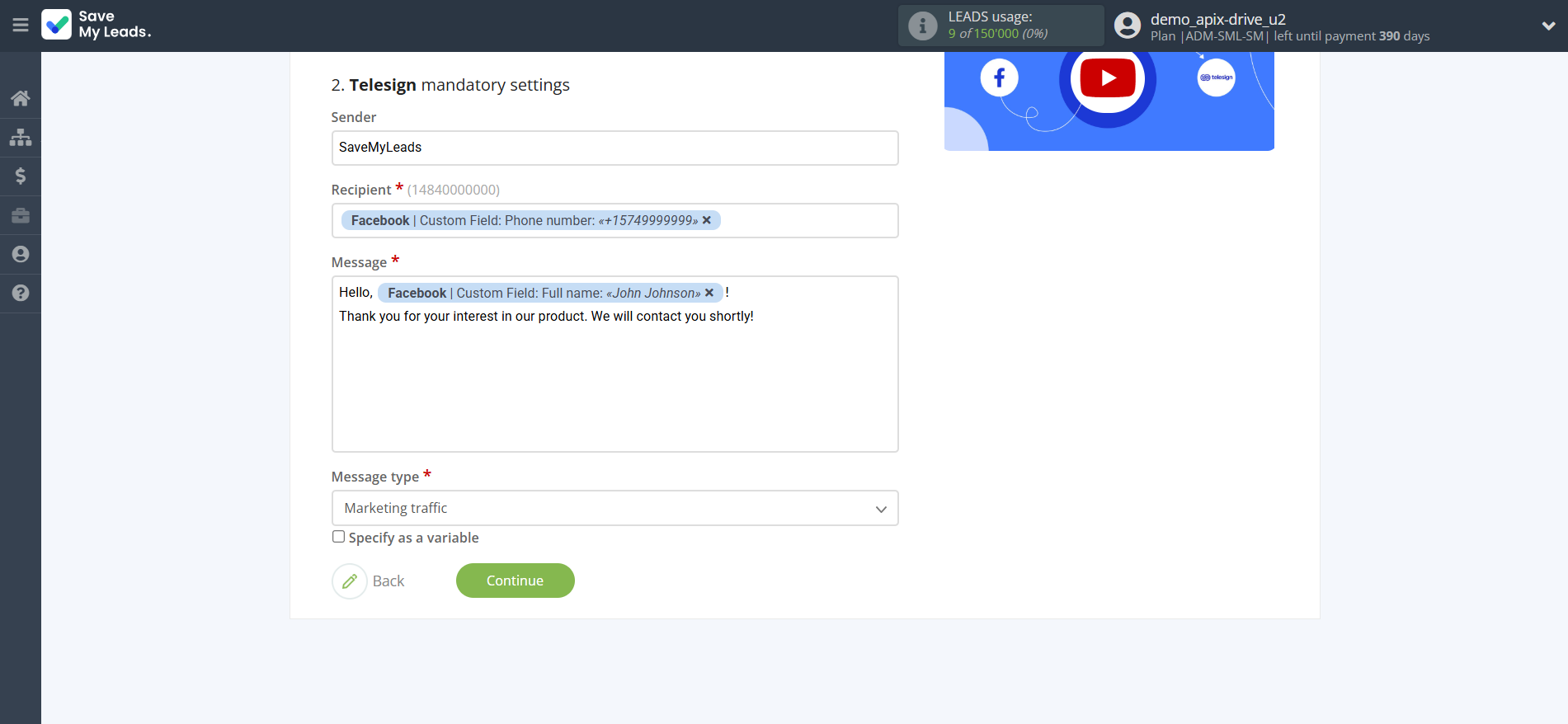 How to Connect Facebook with Telesign | Assigning fields