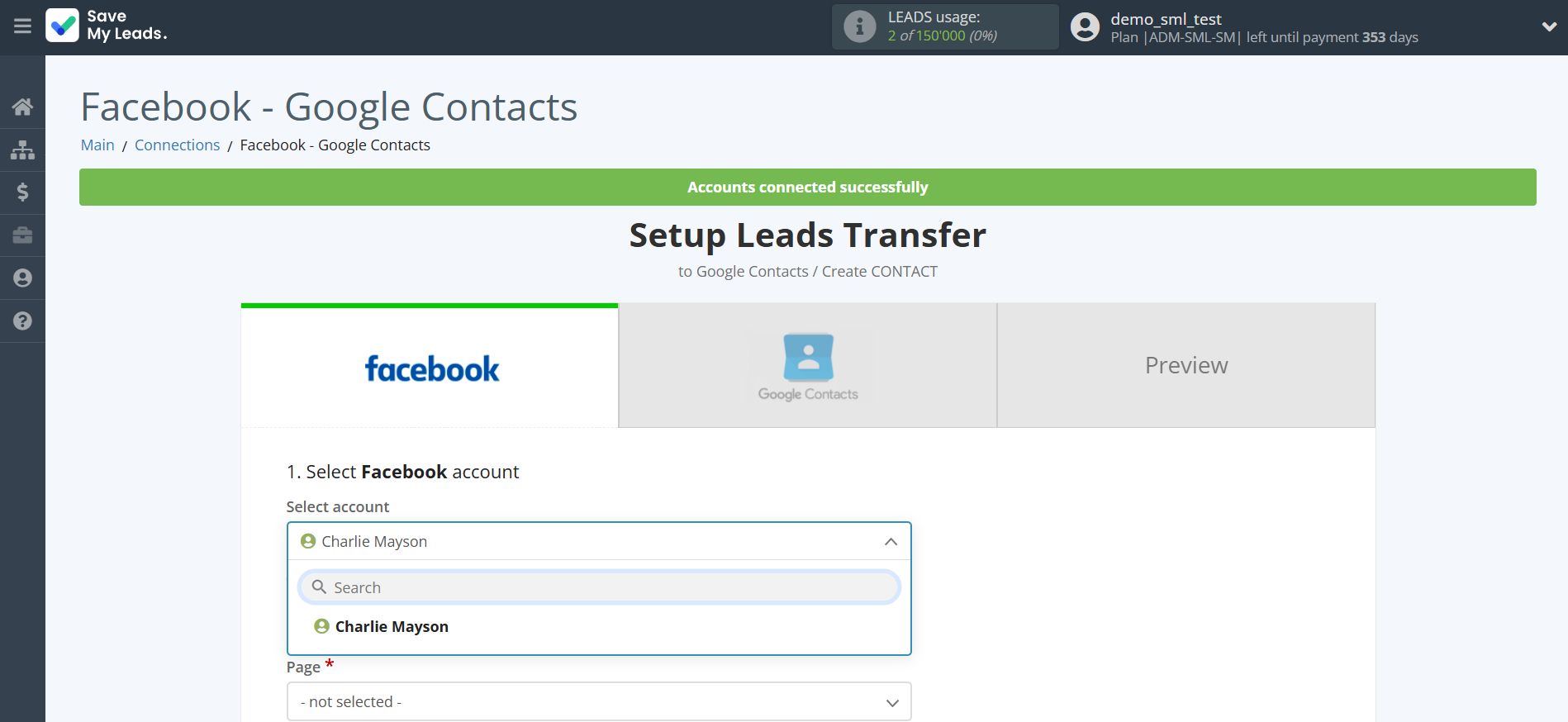 How to Connect Facebook with Google Contacts | Data Source account selection
