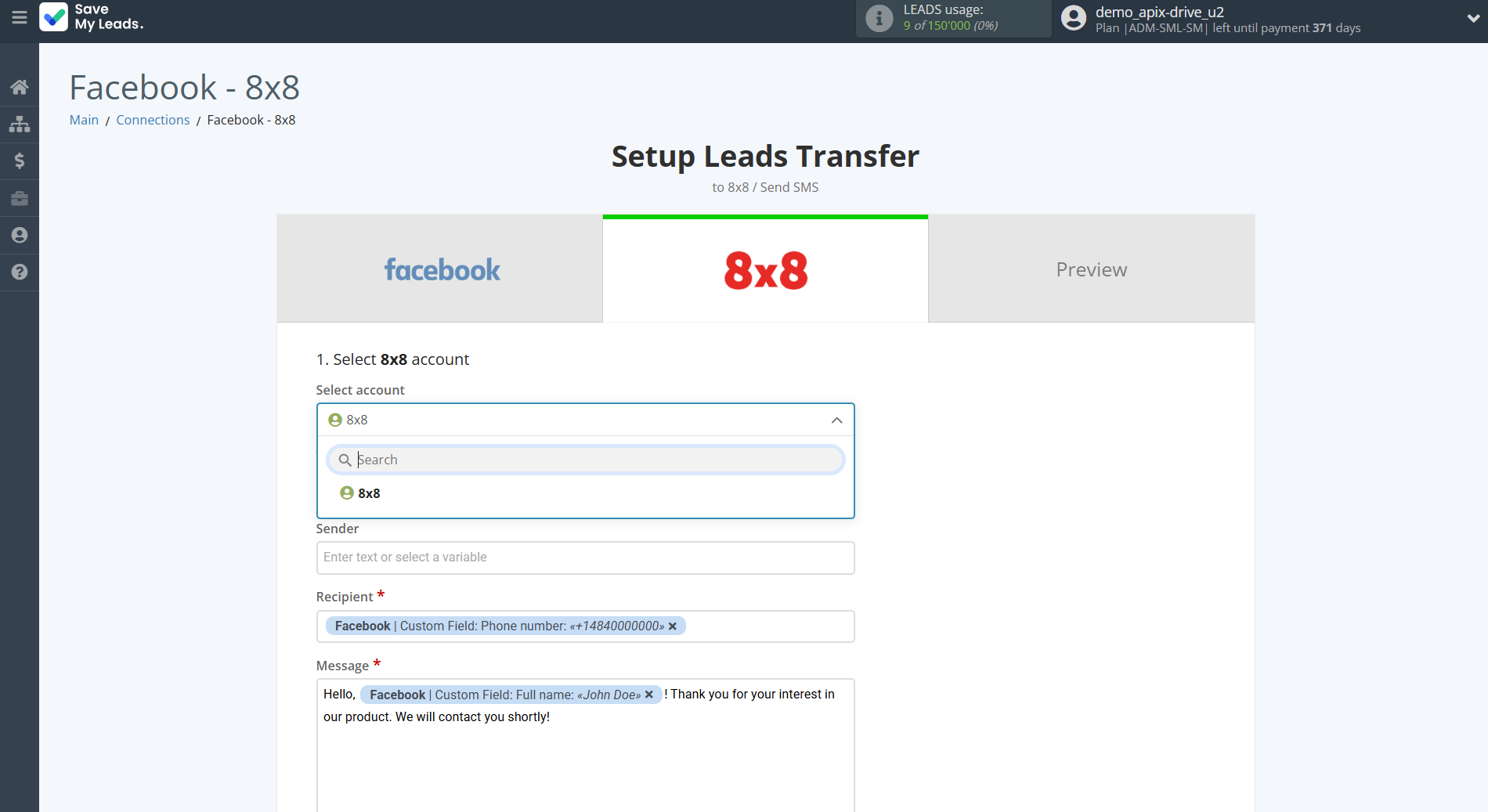 How to Connect Facebook with 8x8 | Data Destination account selection