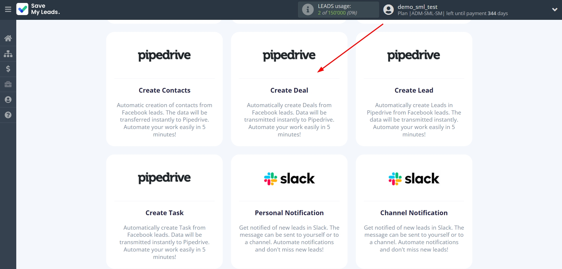 How to Connect Facebook with Pipedrive Create Deal | Data Destination system selection
