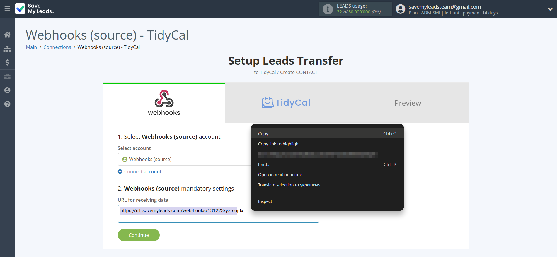 How to Connect Webhooks with TidyCal Create Contacts | Data Source account connection