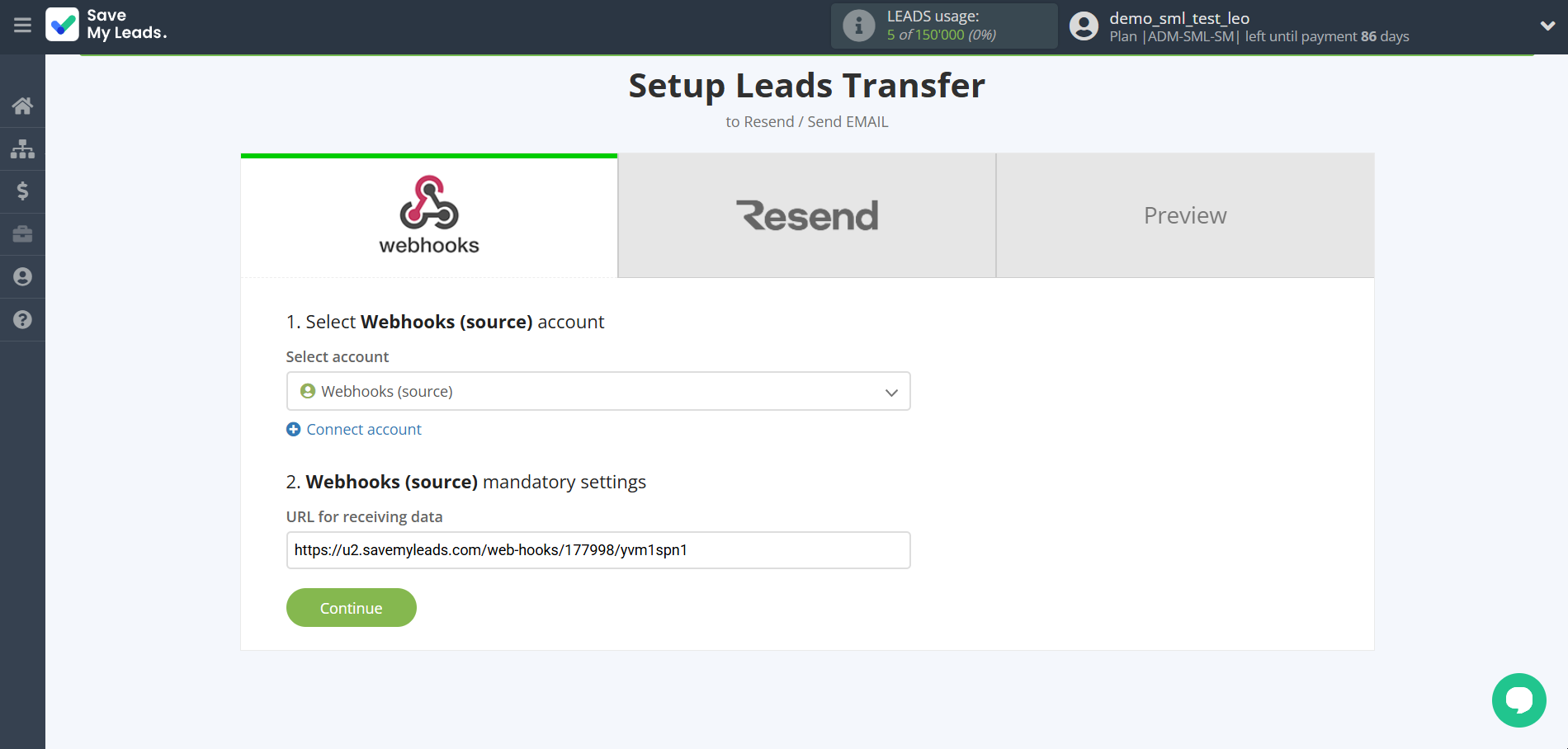 How to Connect Webhooks with Resend | Data Source account selection