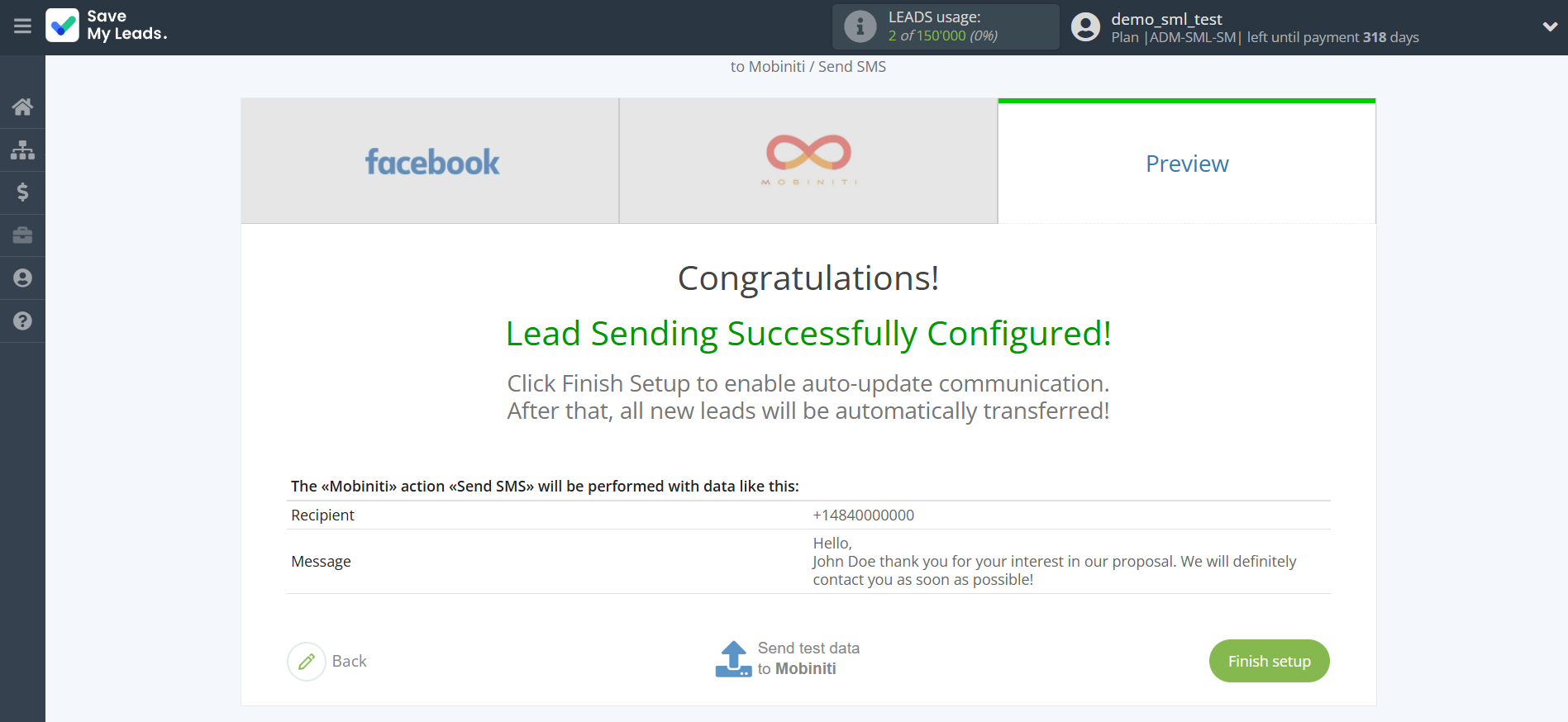 How to Connect Facebook with Mobiniti | Test data