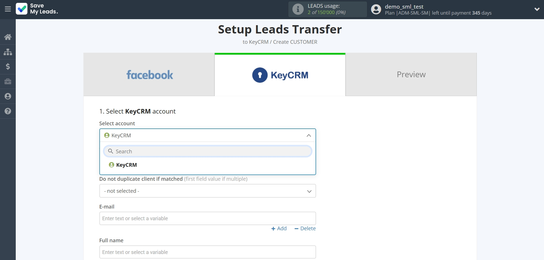 How to Connect Facebook with KeyCRM Create Lead | Data Destination account selection