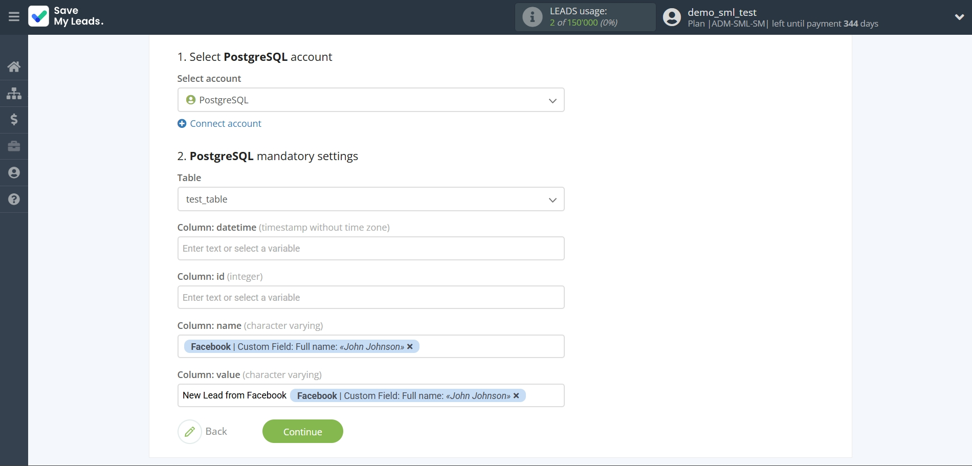 How to Connect Facebook with PostgreSQL | Assigning fields