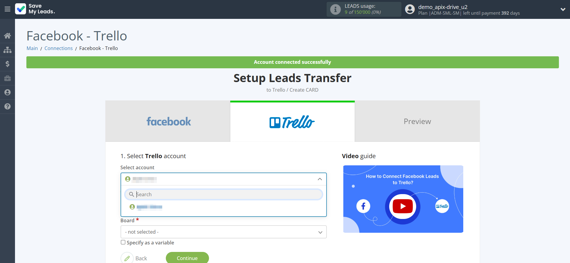How to Connect Facebook with Trello | Data Destination account selection